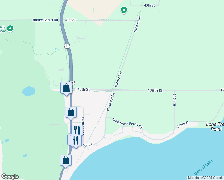 map of restaurants, bars, coffee shops, grocery stores, and more near Great Lakes Spine Trail in Okoboji