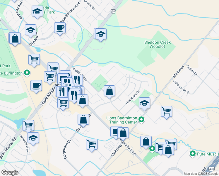 map of restaurants, bars, coffee shops, grocery stores, and more near 5136 Des Jardines Drive in Burlington