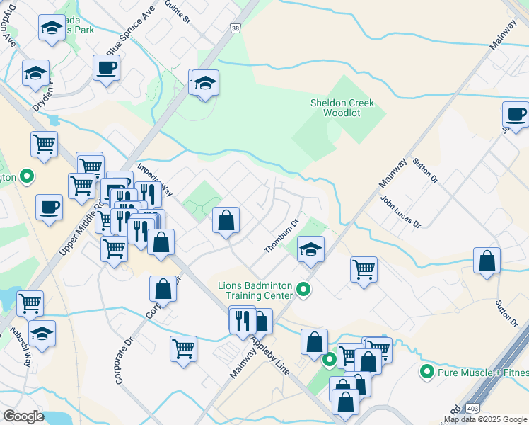 map of restaurants, bars, coffee shops, grocery stores, and more near 1750 Creek Way in Burlington