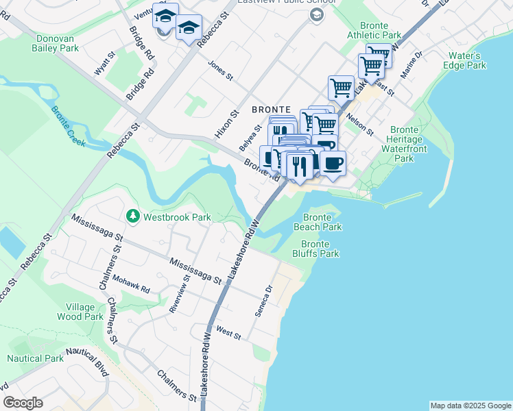 map of restaurants, bars, coffee shops, grocery stores, and more near 2511 Lakeshore Road West in Oakville