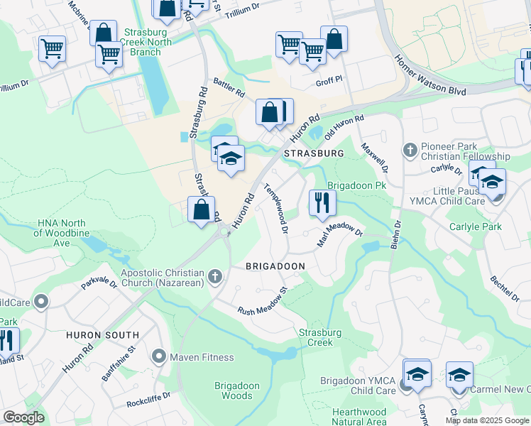 map of restaurants, bars, coffee shops, grocery stores, and more near 367 Old Huron Road in Kitchener