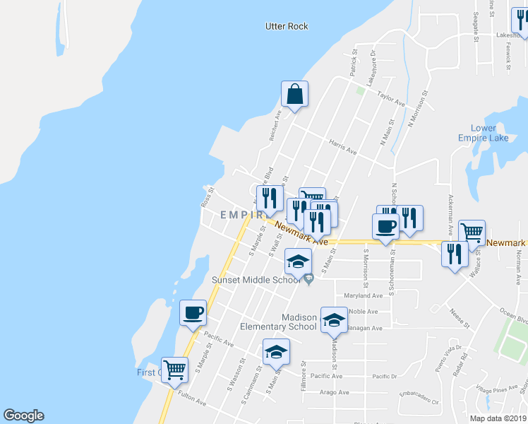 map of restaurants, bars, coffee shops, grocery stores, and more near 476 Newmark Avenue in Coos Bay