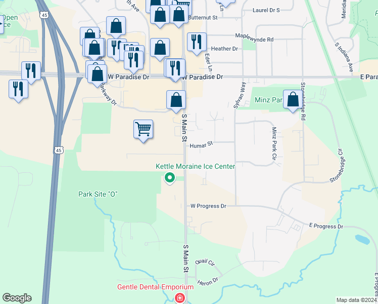 map of restaurants, bars, coffee shops, grocery stores, and more near 333 Humar Street in West Bend