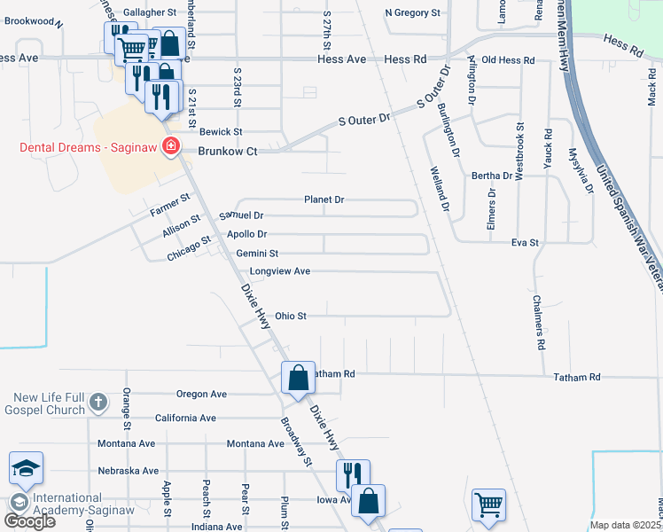 map of restaurants, bars, coffee shops, grocery stores, and more near 2687 Longview Avenue in Saginaw