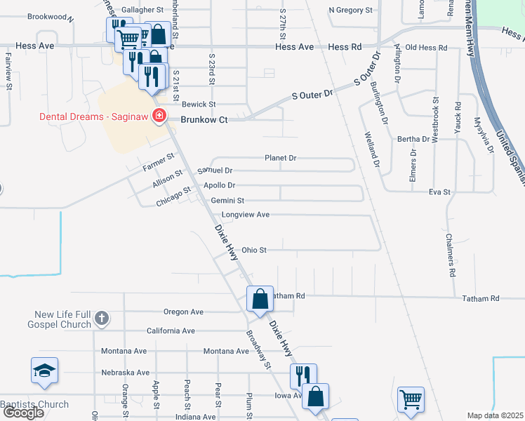 map of restaurants, bars, coffee shops, grocery stores, and more near 2623 Longview Avenue in Saginaw