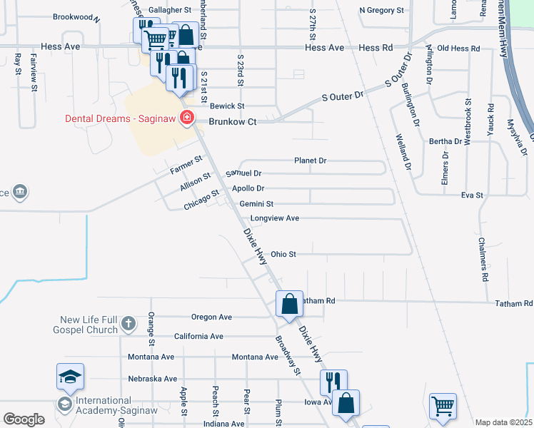 map of restaurants, bars, coffee shops, grocery stores, and more near 2547 Longview Avenue in Saginaw
