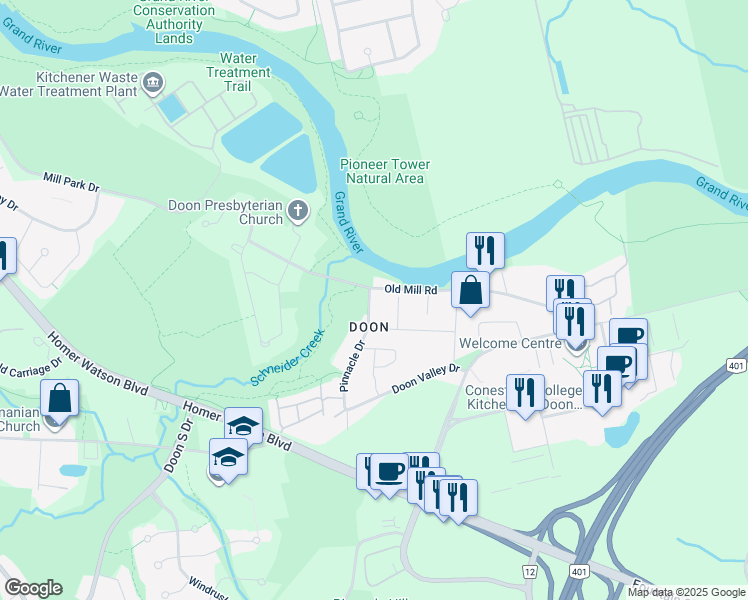 map of restaurants, bars, coffee shops, grocery stores, and more near 10 Pinnacle Drive in Kitchener