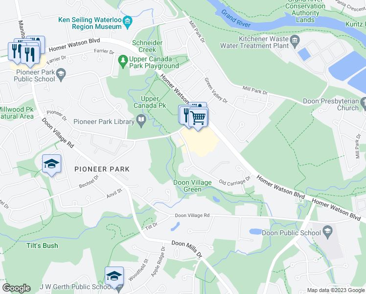 map of restaurants, bars, coffee shops, grocery stores, and more near 31 Old Carriage Drive in Kitchener