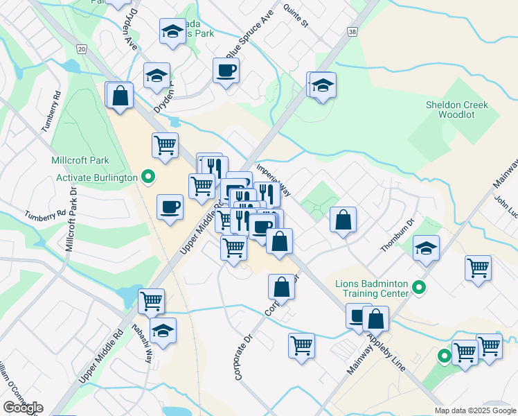 map of restaurants, bars, coffee shops, grocery stores, and more near 1940 Ironstone Drive in Burlington