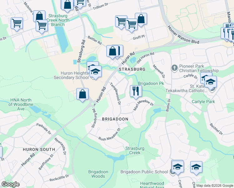 map of restaurants, bars, coffee shops, grocery stores, and more near 167 Templewood Drive in Kitchener