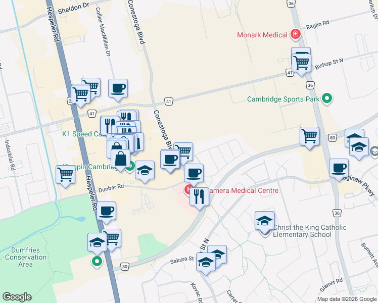 map of restaurants, bars, coffee shops, grocery stores, and more near 250 Lena Crescent in Cambridge