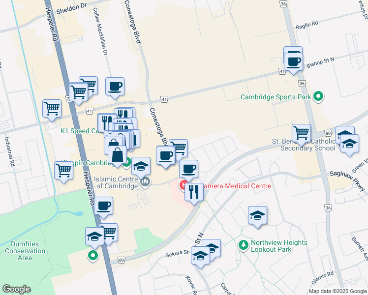 map of restaurants, bars, coffee shops, grocery stores, and more near 250 Lena Crescent in Cambridge