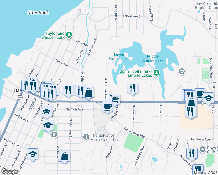 map of restaurants, bars, coffee shops, grocery stores, and more near 265 Ackerman Avenue in Coos Bay
