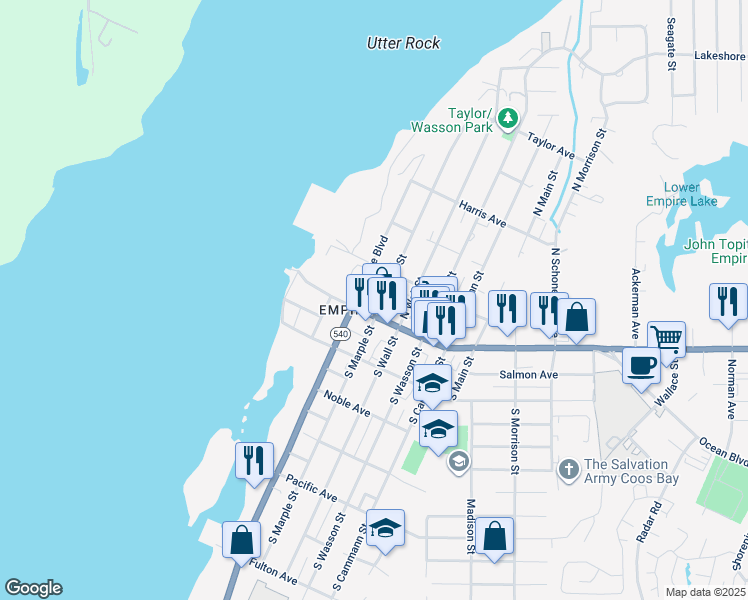 map of restaurants, bars, coffee shops, grocery stores, and more near 169 North Empire Boulevard in Coos Bay