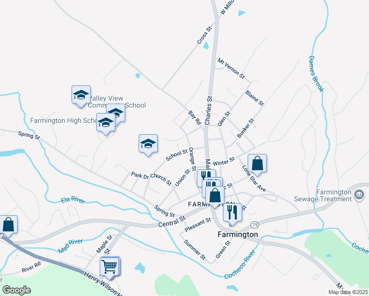 map of restaurants, bars, coffee shops, grocery stores, and more near 45 Orange Street in Farmington