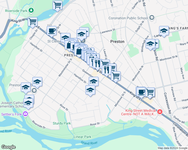 map of restaurants, bars, coffee shops, grocery stores, and more near 7-960 King Street East in Cambridge