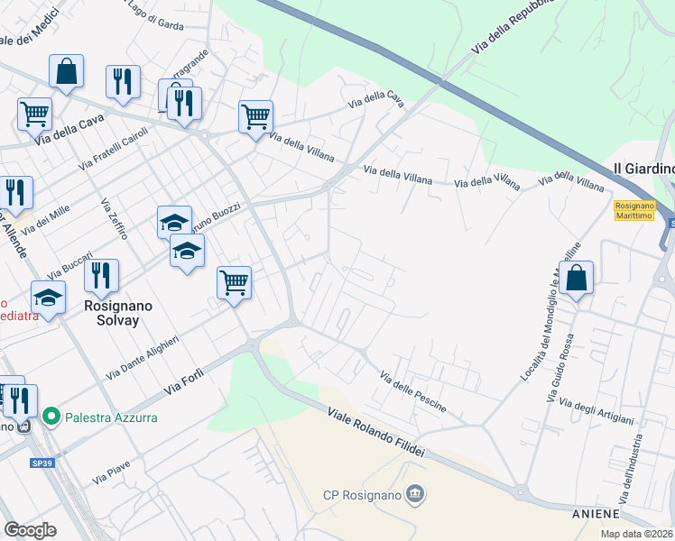 map of restaurants, bars, coffee shops, grocery stores, and more near 1 Via Rino Pachetti in Provincia di Livorno