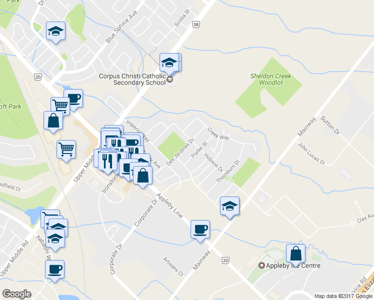 map of restaurants, bars, coffee shops, grocery stores, and more near 5136 Des Jardines Drive in Burlington