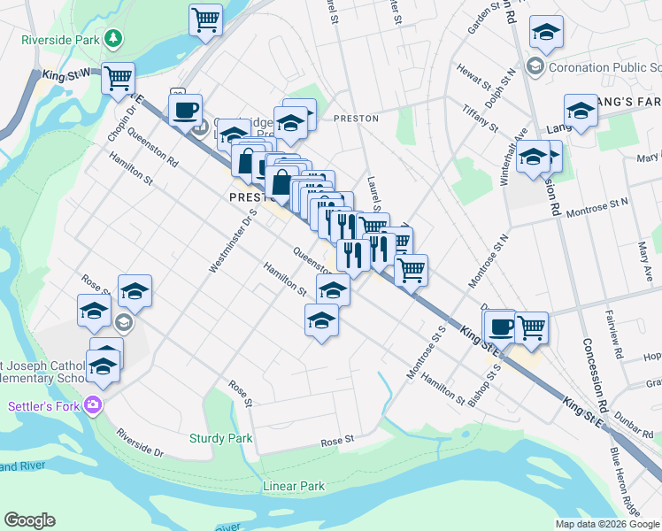 map of restaurants, bars, coffee shops, grocery stores, and more near 7-960 King Street East in Cambridge