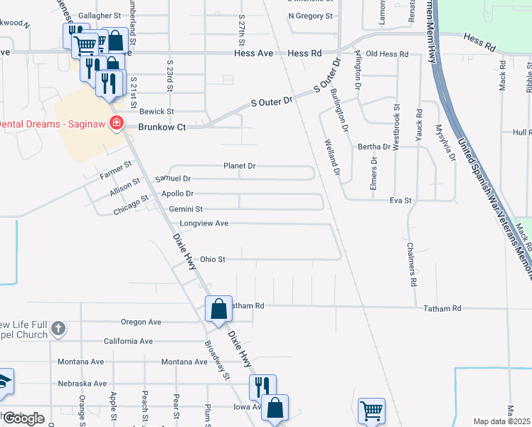 map of restaurants, bars, coffee shops, grocery stores, and more near 2775 Longview Avenue in Saginaw