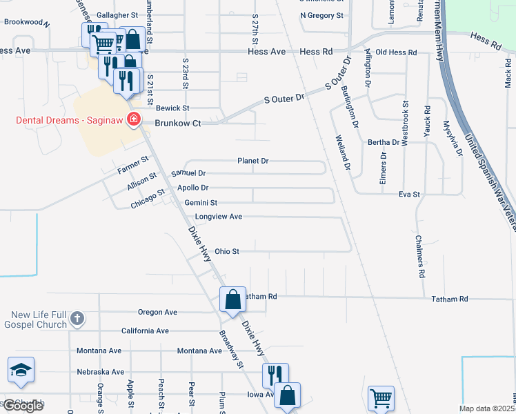 map of restaurants, bars, coffee shops, grocery stores, and more near 2687 Longview Avenue in Saginaw
