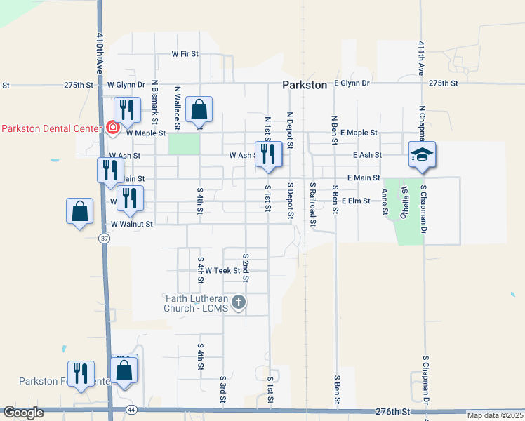 map of restaurants, bars, coffee shops, grocery stores, and more near 203 South 1st Street in Parkston