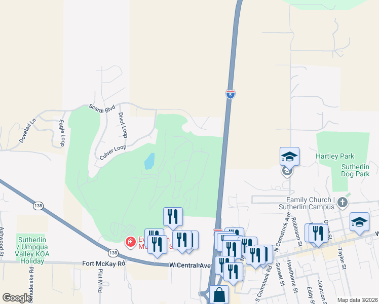 map of restaurants, bars, coffee shops, grocery stores, and more near 583 Dakota Street in Sutherlin