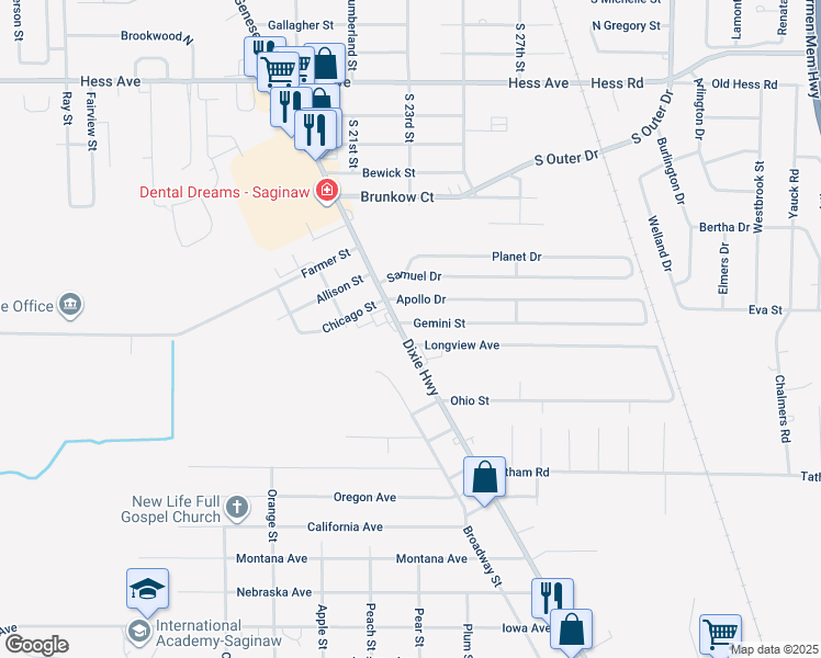 map of restaurants, bars, coffee shops, grocery stores, and more near 2532 Gemini Street in Saginaw