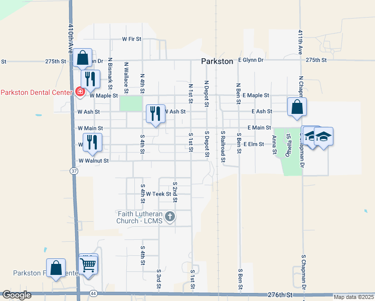 map of restaurants, bars, coffee shops, grocery stores, and more near 203 South 1st Street in Parkston