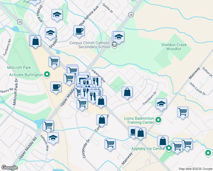 map of restaurants, bars, coffee shops, grocery stores, and more near 1838 Imperial Way in Burlington