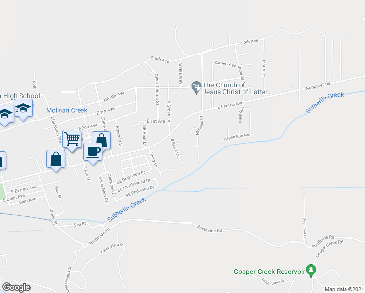 map of restaurants, bars, coffee shops, grocery stores, and more near 1422 Don Mar Ct in Sutherlin