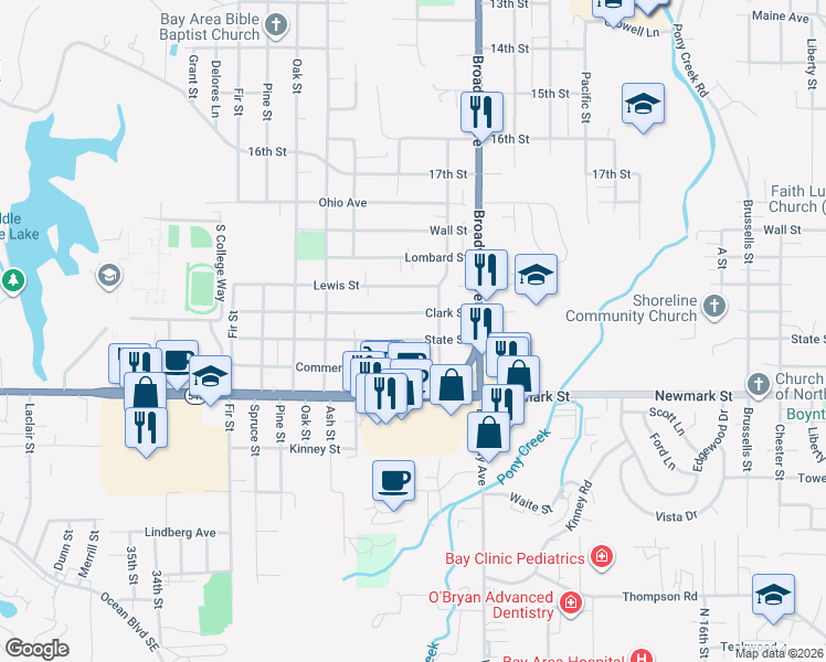 map of restaurants, bars, coffee shops, grocery stores, and more near 2164 State Street in North Bend