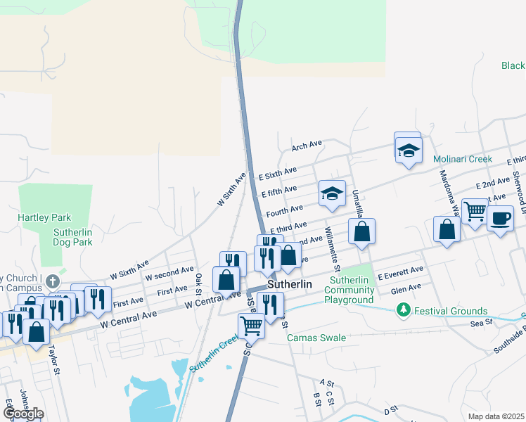 map of restaurants, bars, coffee shops, grocery stores, and more near 155 East 4th Avenue in Sutherlin