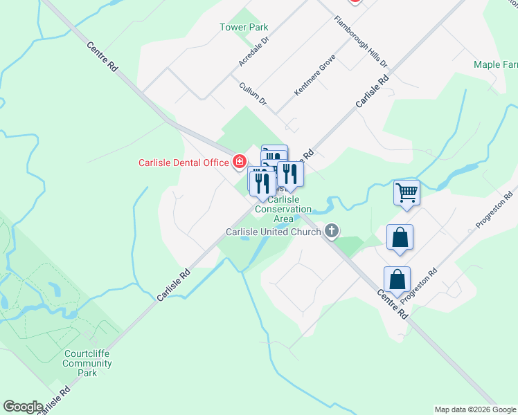 map of restaurants, bars, coffee shops, grocery stores, and more near 266 Carlisle Road in Hamilton