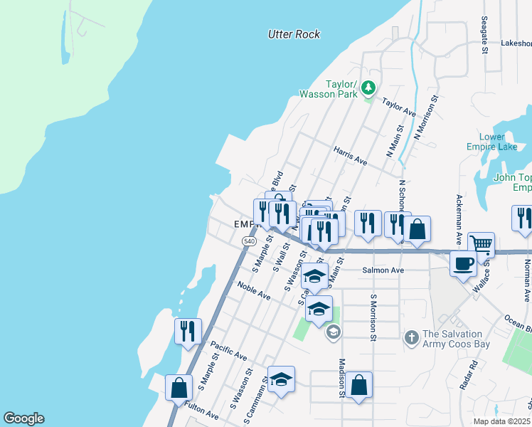 map of restaurants, bars, coffee shops, grocery stores, and more near 169 North Empire Boulevard in Coos Bay