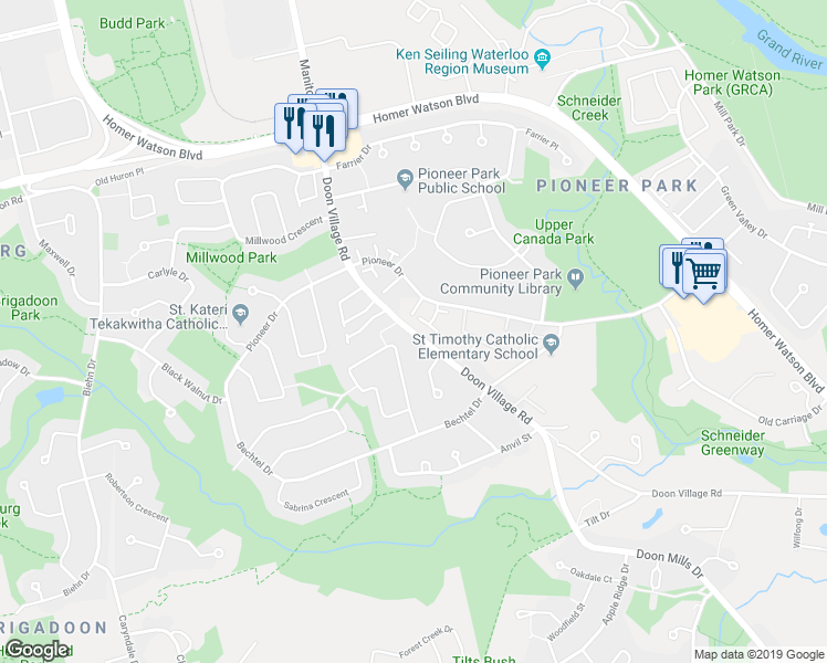 map of restaurants, bars, coffee shops, grocery stores, and more near 808 Doon Village Road in Kitchener