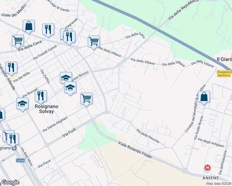 map of restaurants, bars, coffee shops, grocery stores, and more near 67 Via Evangelista Torricelli in Rosignano Solvay-Castiglioncello