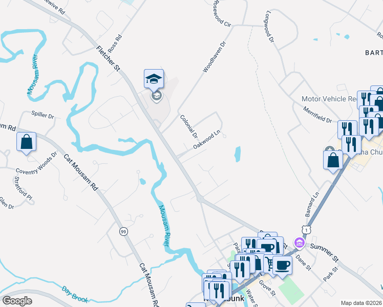 map of restaurants, bars, coffee shops, grocery stores, and more near 1 Oakwood Lane in Kennebunk