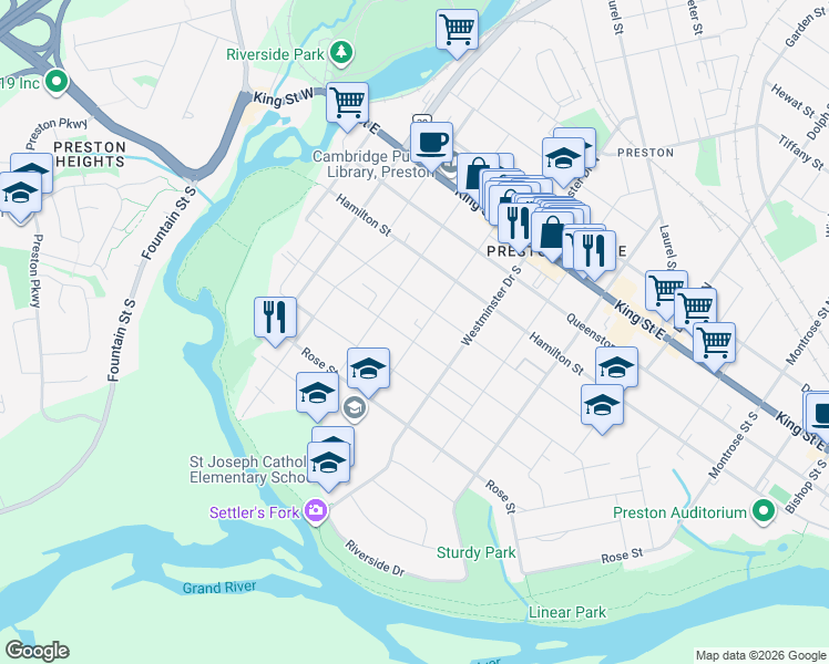 map of restaurants, bars, coffee shops, grocery stores, and more near 446 Argyle Street South in Cambridge
