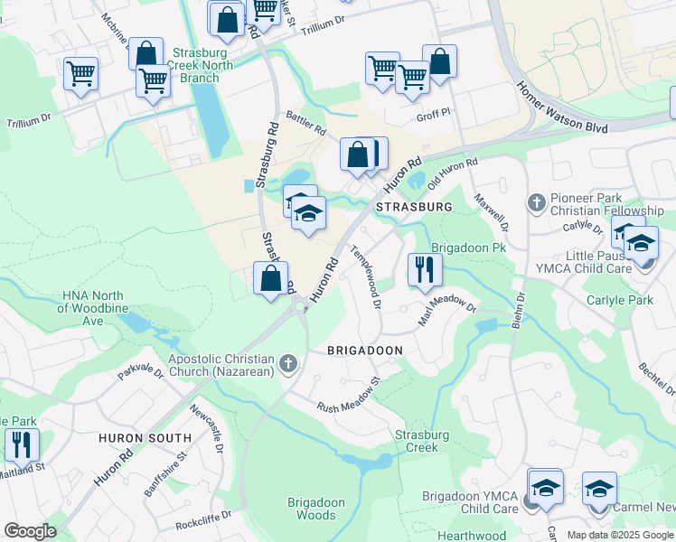 map of restaurants, bars, coffee shops, grocery stores, and more near 367 Old Huron Road in Kitchener