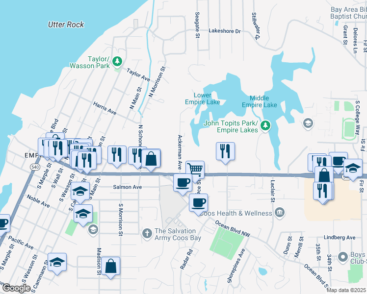 map of restaurants, bars, coffee shops, grocery stores, and more near 265 Ackerman Avenue in Coos Bay