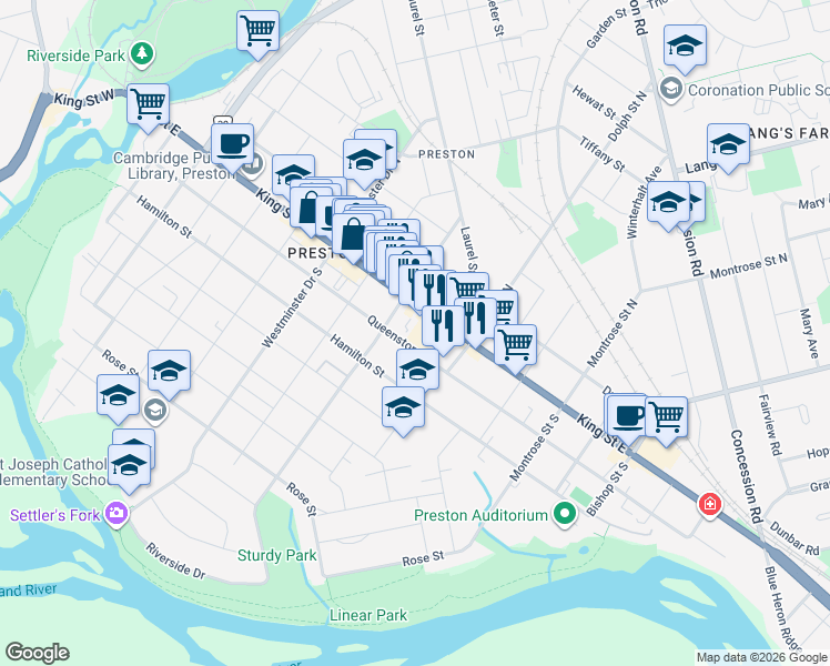 map of restaurants, bars, coffee shops, grocery stores, and more near 1009 Queenston Road in Cambridge