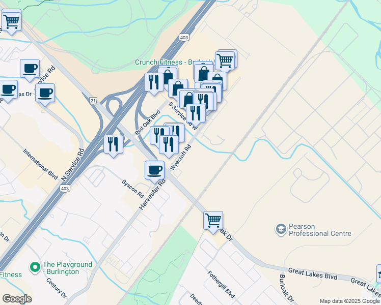map of restaurants, bars, coffee shops, grocery stores, and more near 3540 Wyecroft Road in Oakville