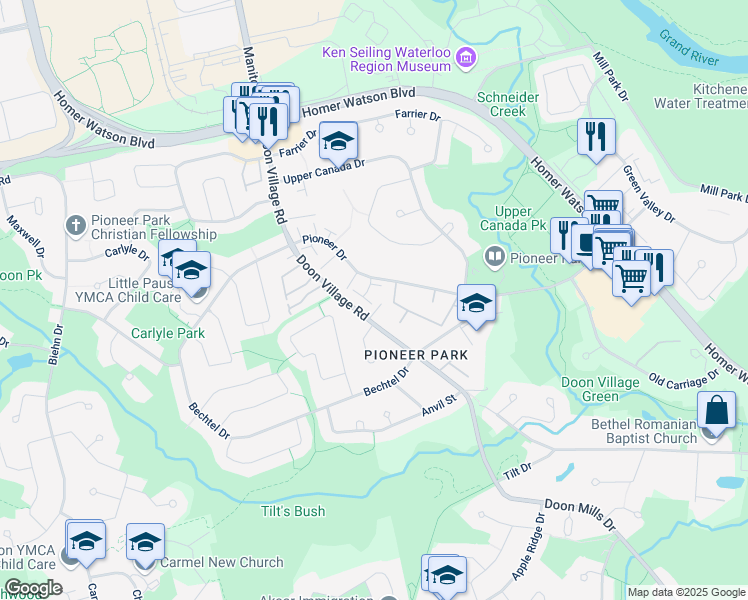map of restaurants, bars, coffee shops, grocery stores, and more near 365 Pioneer Drive in Kitchener