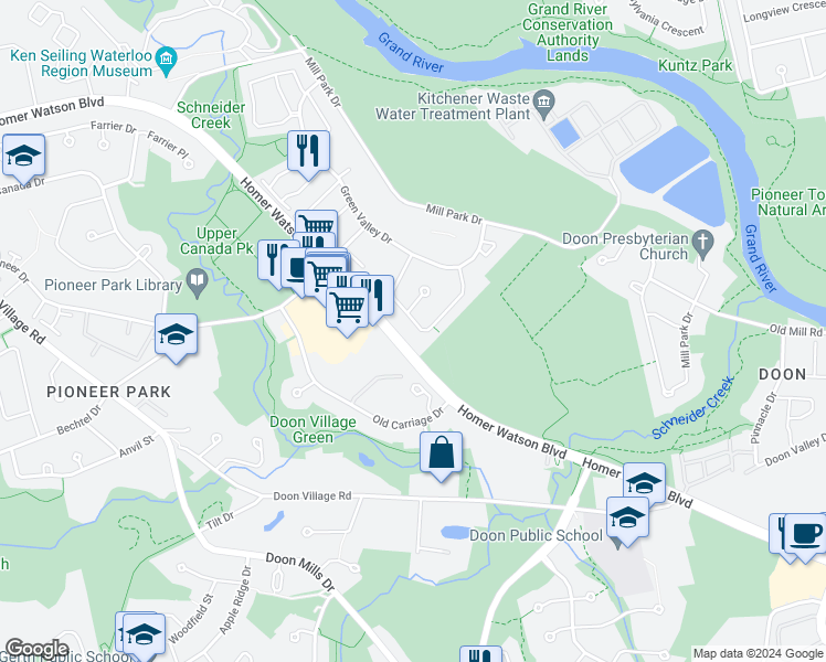map of restaurants, bars, coffee shops, grocery stores, and more near 94 Arrowhead Crescent in Kitchener