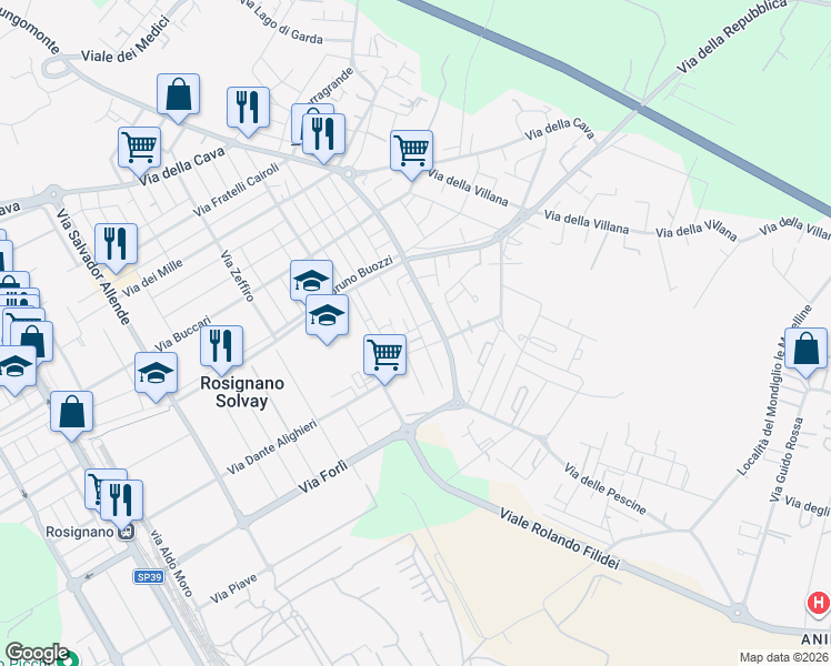 map of restaurants, bars, coffee shops, grocery stores, and more near 42 Via Carlo Collodi in Rosignano Solvay-Castiglioncello
