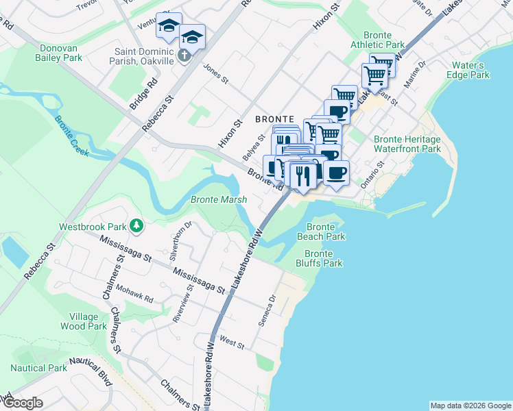 map of restaurants, bars, coffee shops, grocery stores, and more near in Oakville