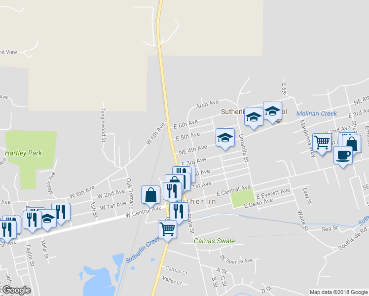 map of restaurants, bars, coffee shops, grocery stores, and more near 155 East 4th Avenue in Sutherlin