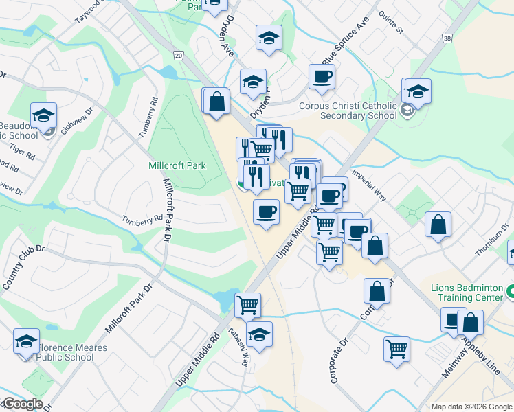 map of restaurants, bars, coffee shops, grocery stores, and more near 2020 Appleby Line in Burlington
