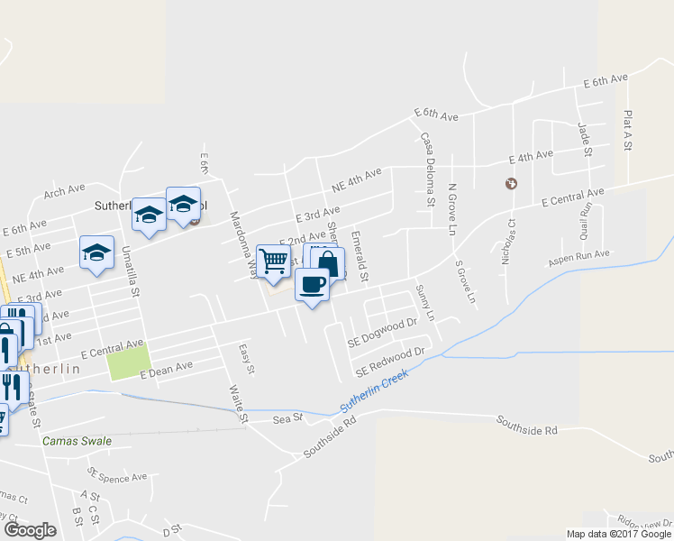 map of restaurants, bars, coffee shops, grocery stores, and more near 143 Sherwood Drive in Sutherlin